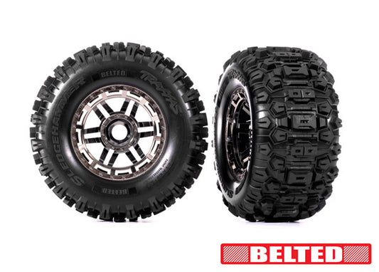 Traxxas: Tires & wheels, assembled, glued (black chrome wheels, belted Sledgehammer® All-Terrain tires, dual profile (2.9" outer, 3.8" inner), foam inserts) (2) (17mm splined) (TSM® rated) (8979R)