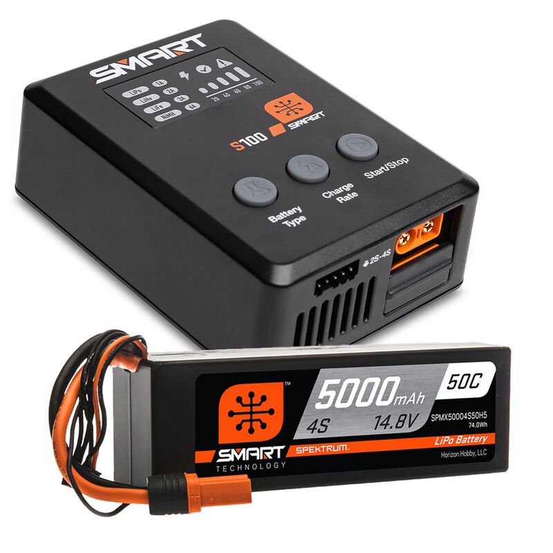 Spektrum Smart Powerstage Surface Bundle: 5000mAh 4S 50C LiPo Battery (IC5) / 100W S100 Charger (SPMX-1035)